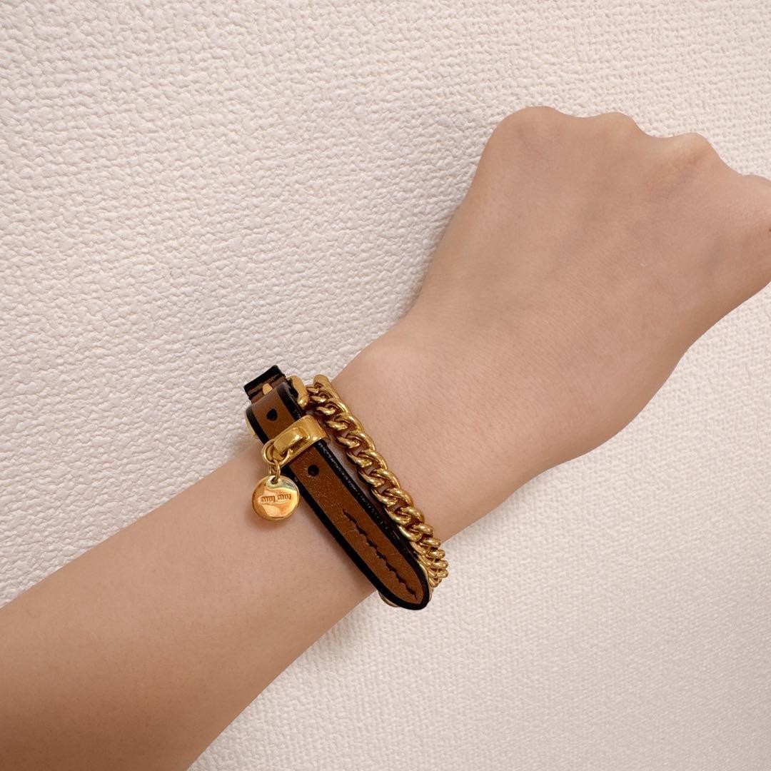 Miu Miu Brown Bracelet Band Leather Chain Authentic Gold Logo Women’s Accessory