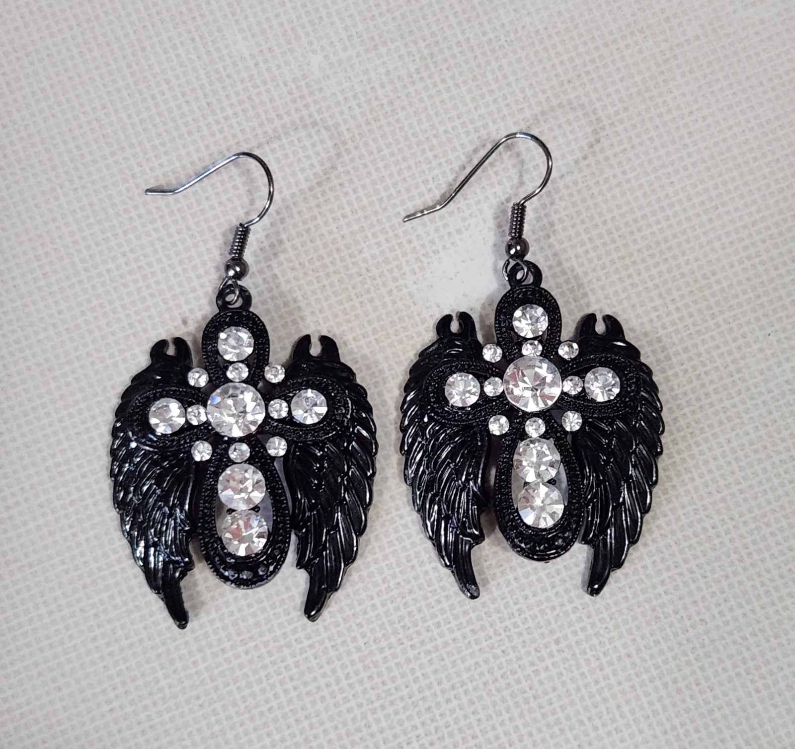 Vintage Black Guardian Angel Wings & Rhinestone Cross Metal Enamel Hook Earrings