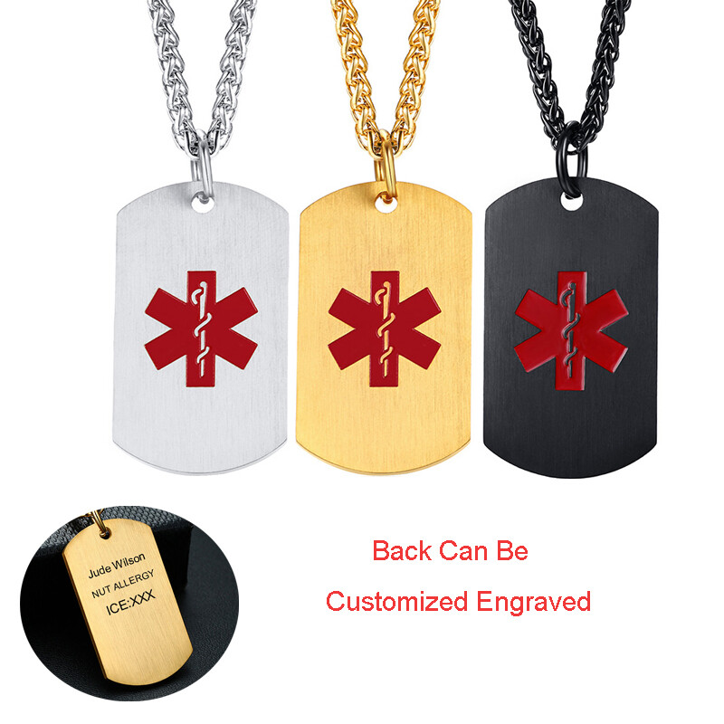 Medical Alert ID Necklace Pendant Stainless Steel Dog Tag Custom Engrave Laser