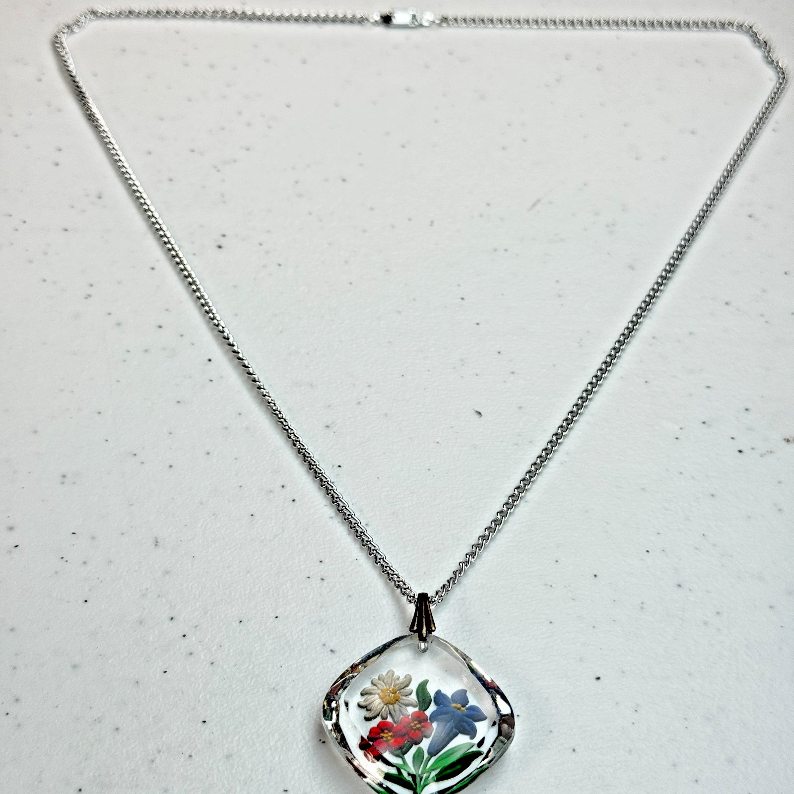 Vintage Necklace Reverse Painted Floral Pendant Silver Tone Germany