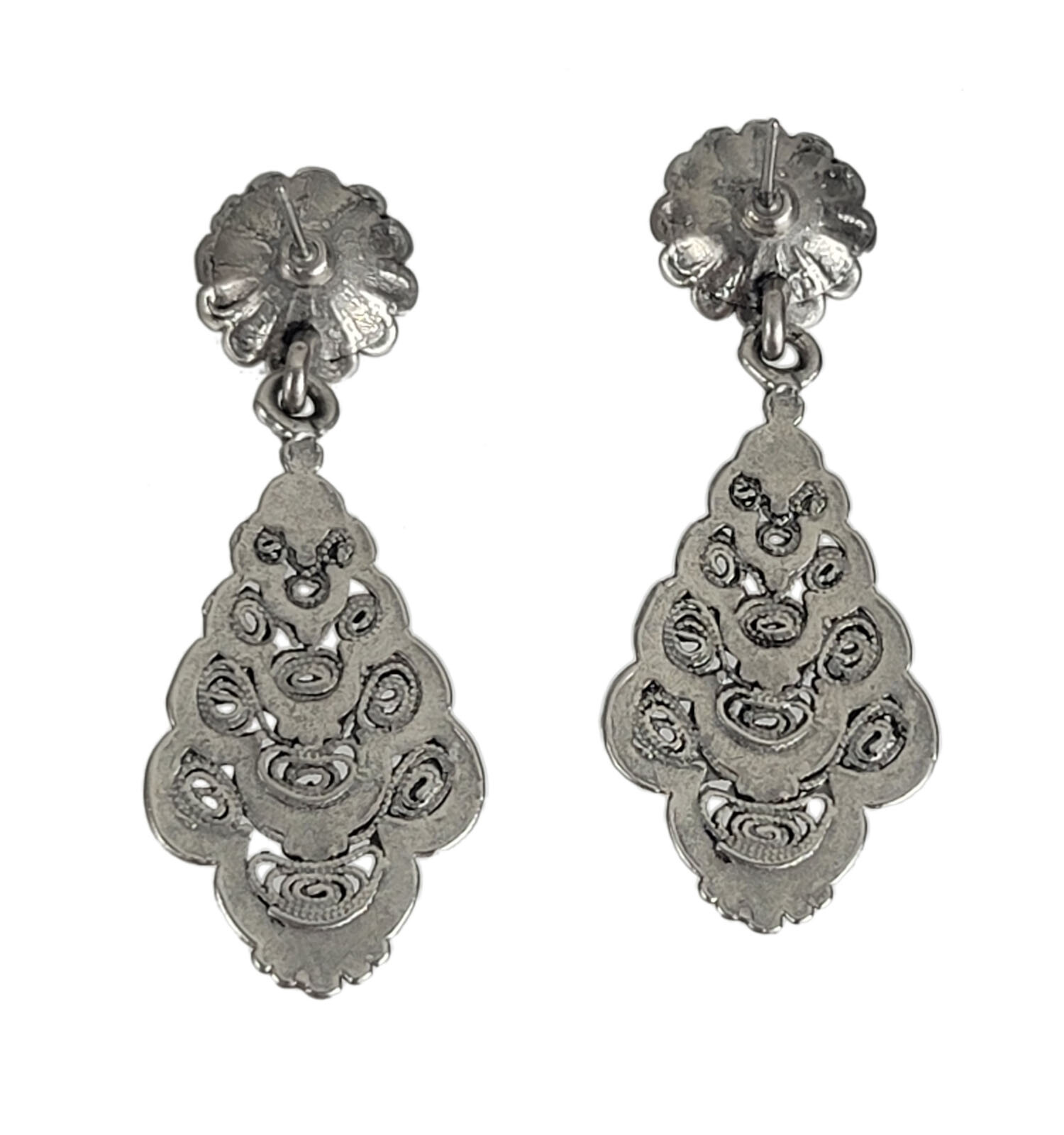 Avante Silver Tone Filigree Textured Dangle Earrings Pierced 2 1/8″ Made in USA