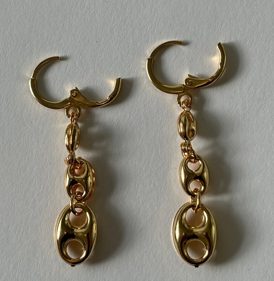 14k yellow gold Filled Puffy Puffed Anchor Mariner Link Chain Earrings New