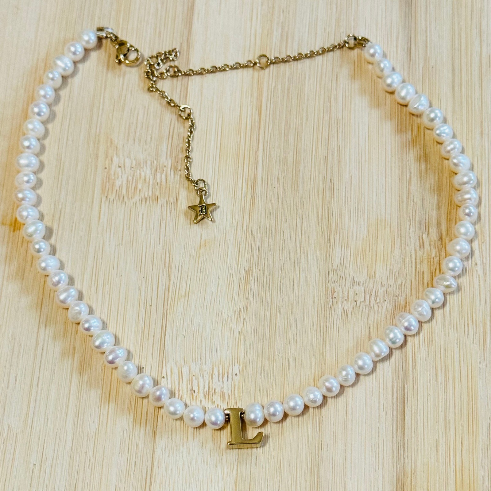 Dalmata Initial letter “L” Pearl Necklace gold plated Freshwater beaded choker