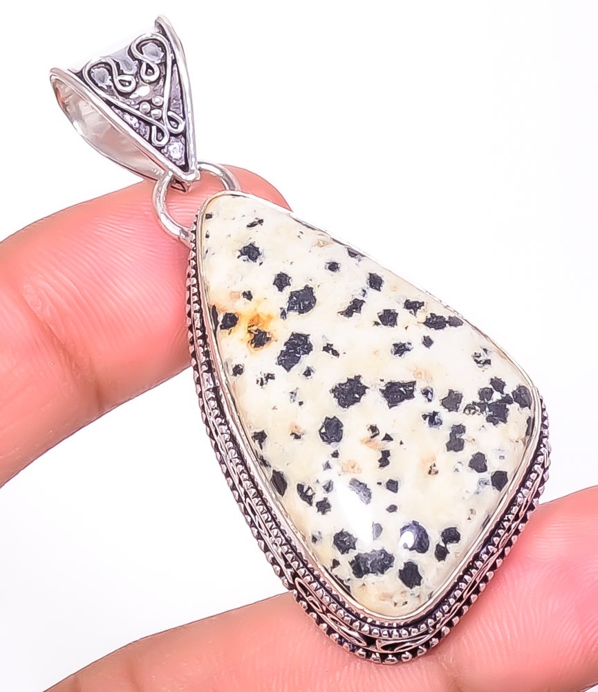 Natural Fine Art – Dalmation Jasper Handmade Silver Plated Bali Pendant 2.26″