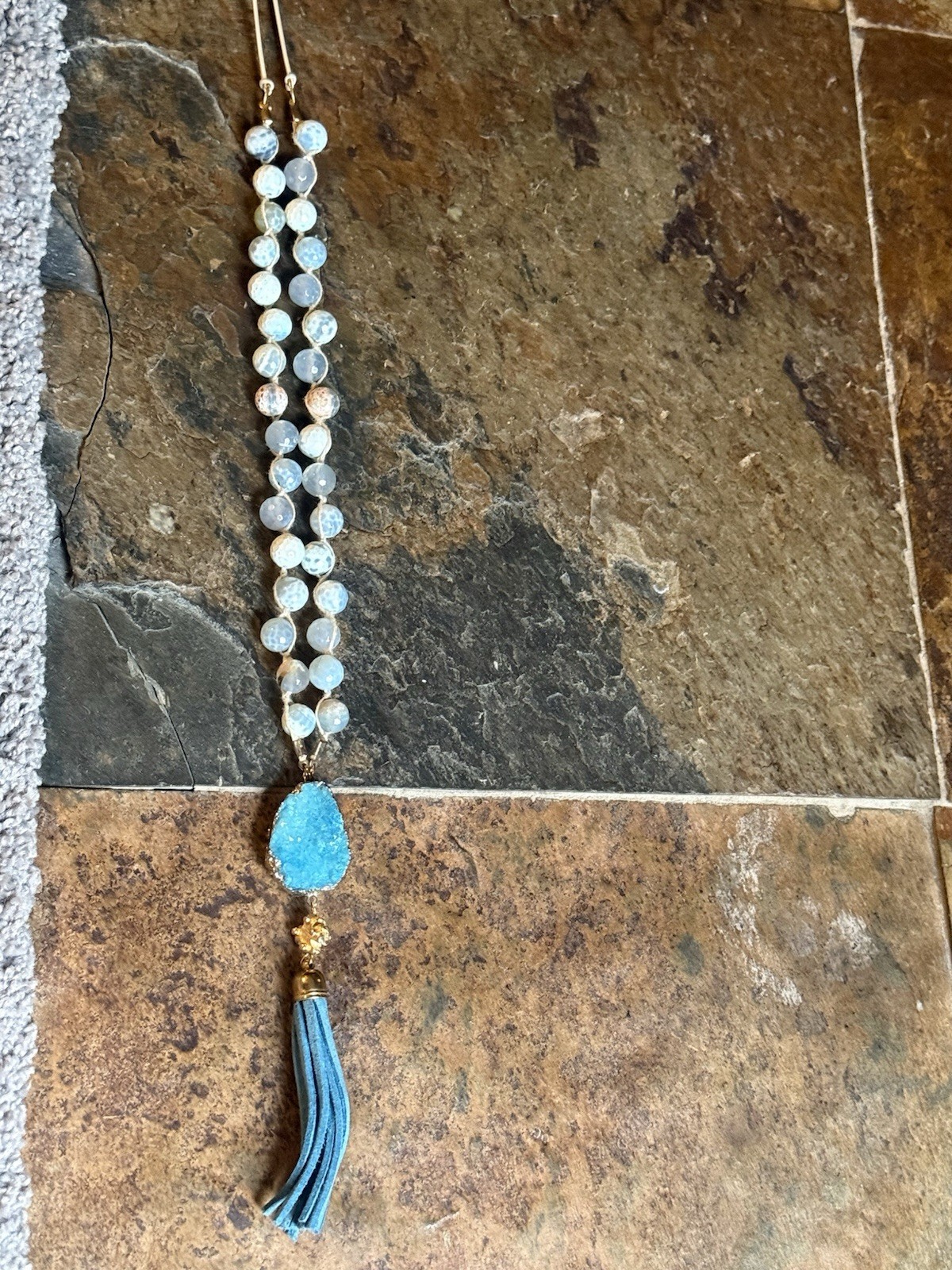 Susan Shaw Druzy Stone Tassel Necklace Blue Stone 33 To 35 In Adj