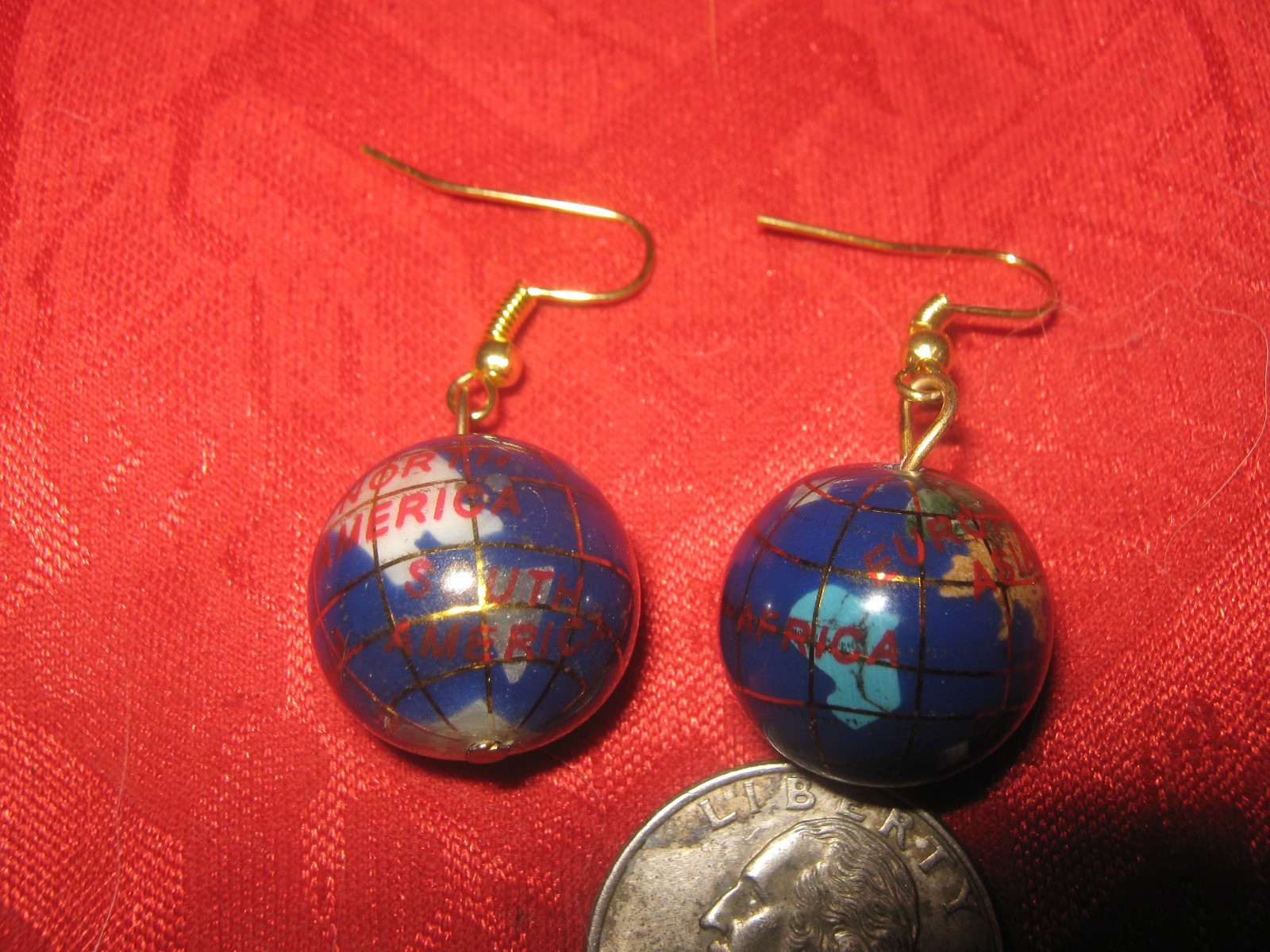 Globe 18mm Gold Tone Inlay Ocean Lapis Jasper Agate Gemstone Dangle Earrings