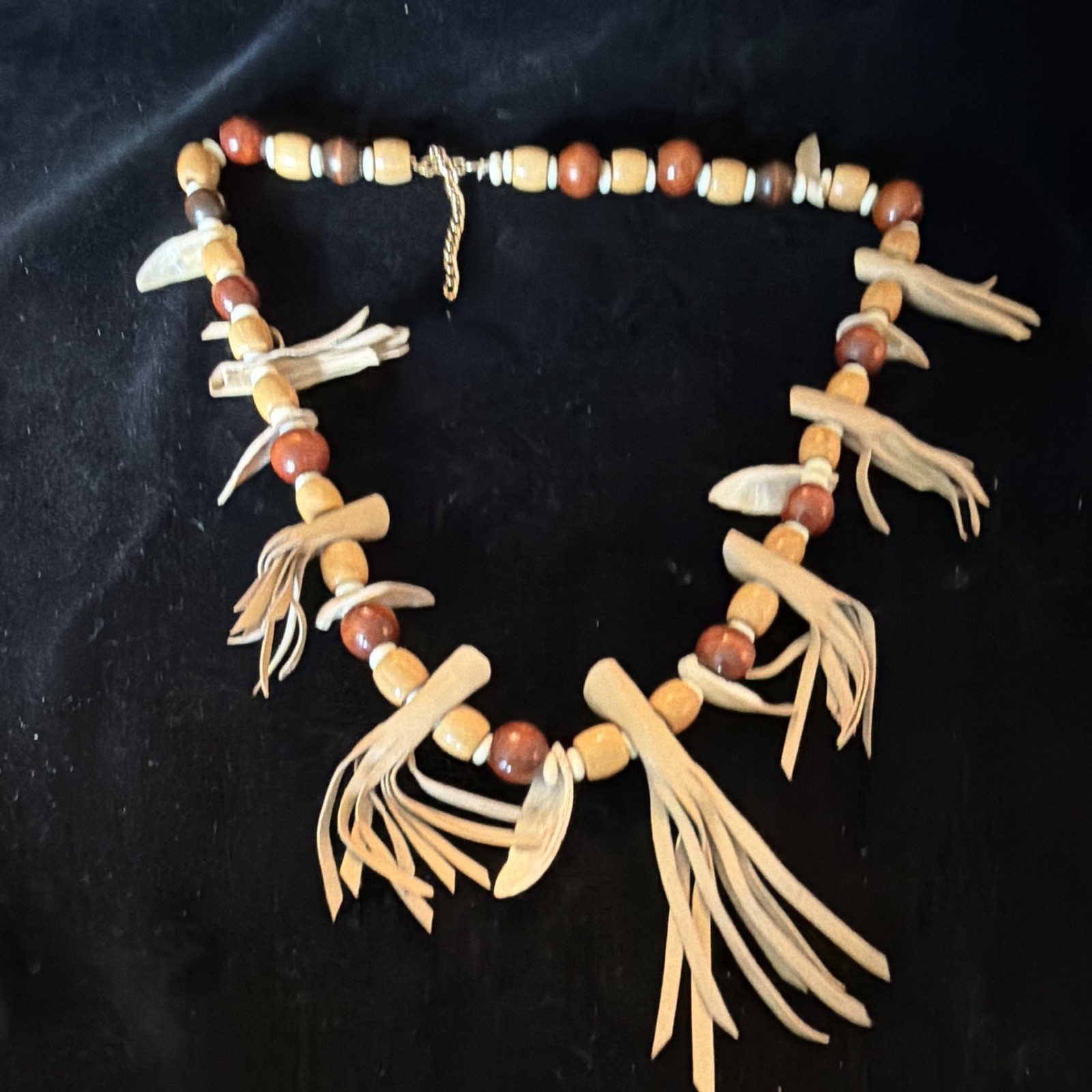 Bohemian Wood Bead Necklace w/ Adjustable Leather Fringe Tassel, Brown/Beige
