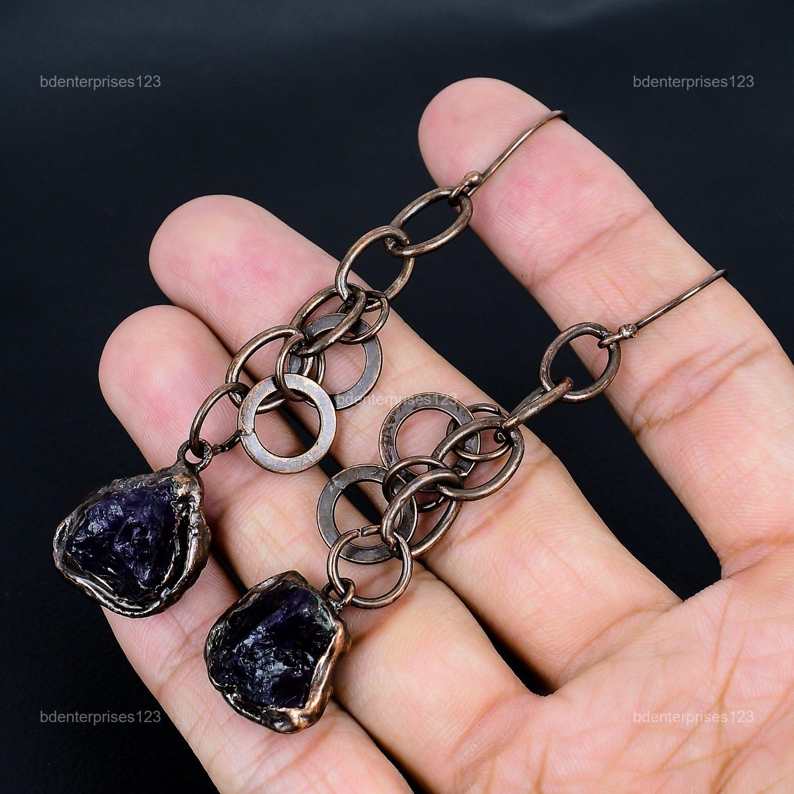 Pentagon African Amethyst Rough Gemstone Dangling Electroformed Earrings Copper