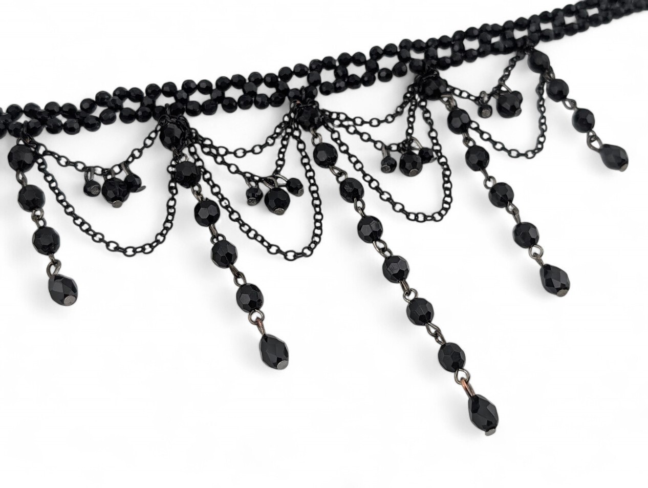 BLACK BEADED GOTHIC CHOKER layered chains drippy elegant witchy necklace 14″ M1