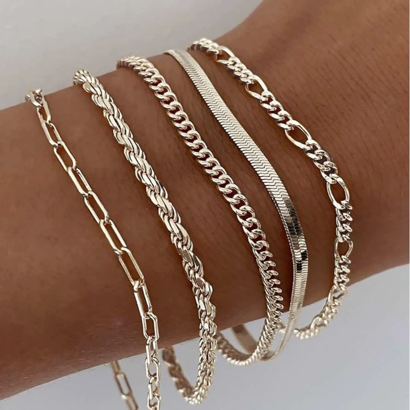 5PCS Silver Plated Bracelet Set Adjustable Stackable Chain Bracelets Women