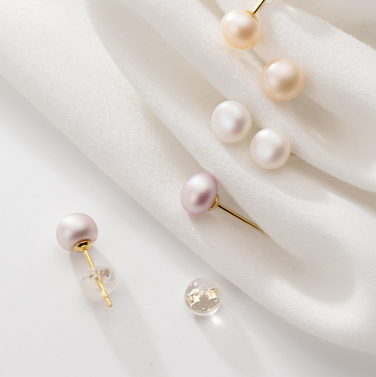 14K Gold Freshwater Cultured Pearl Button Stud Earrings 925 Sterling Silver Set