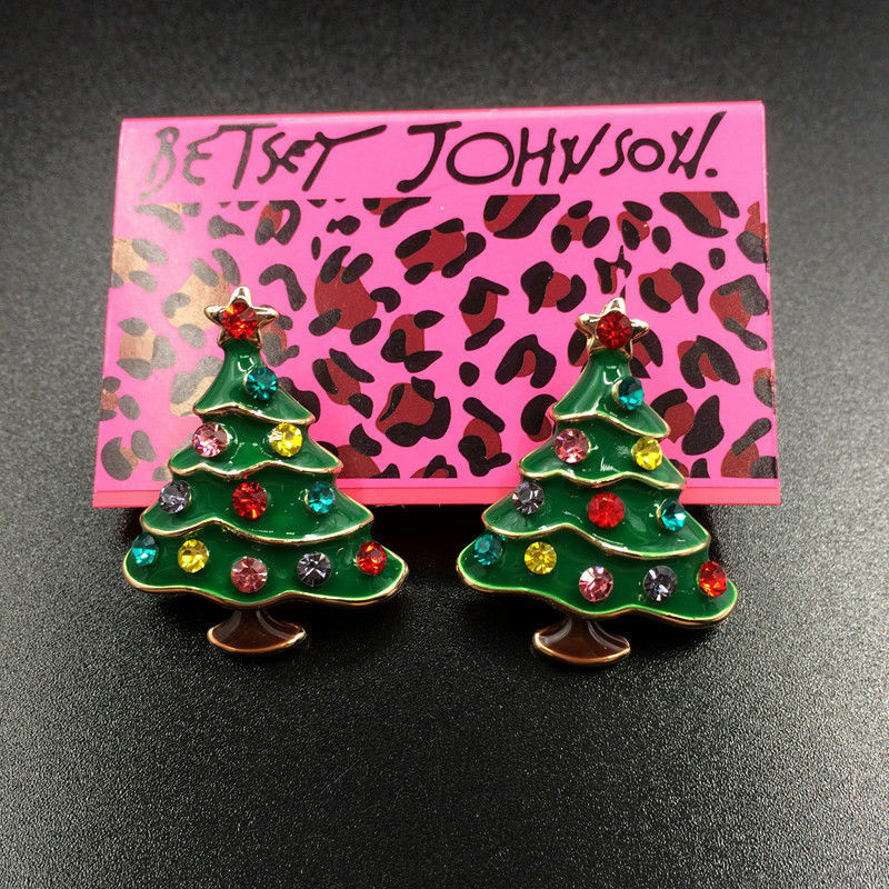 Betsey Johnson Rhinestone green Enamel Christmas Tree Ear Stud Earrings gift bag