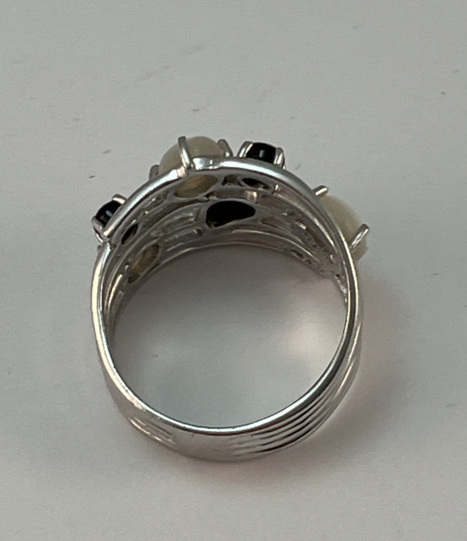 ATI 925 Sterling Silver Faux Black Onyx & Moonstone Ring Size 7