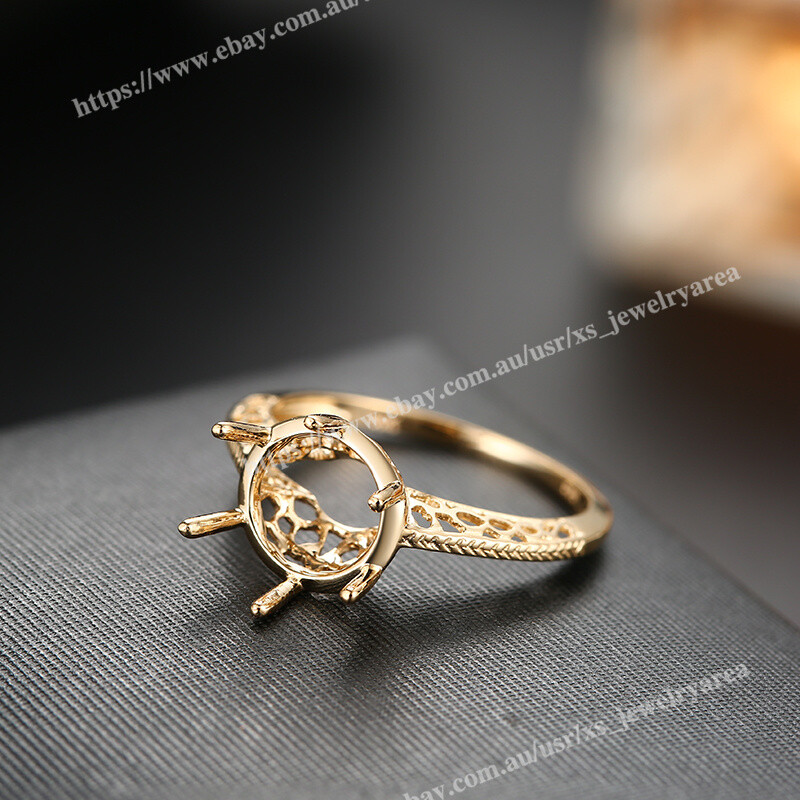 Six Prong Semi Mount Ring Brilliant Solid 14k Yellow Gold Round Cut 8.5mm to 9mm