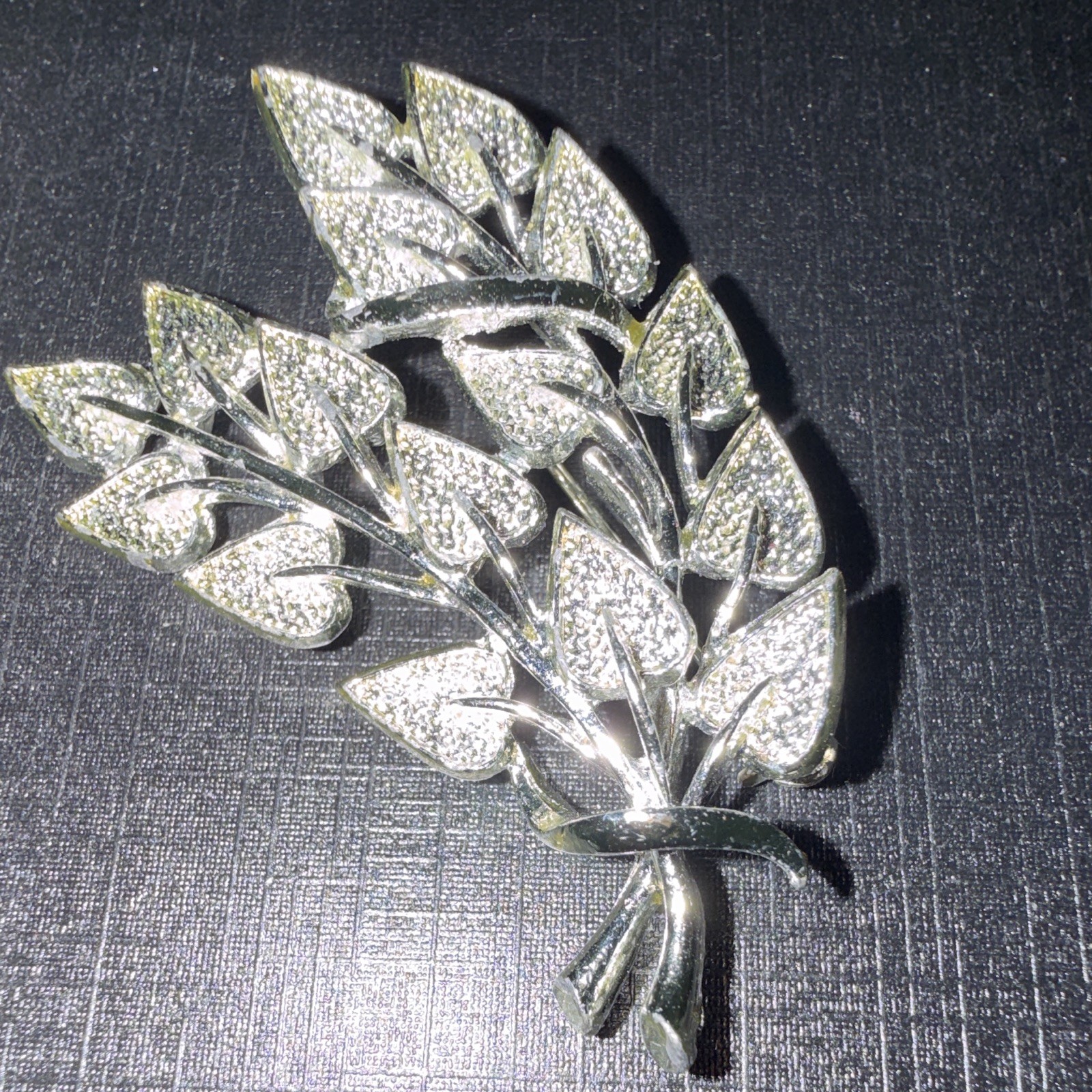 Silver Leaf Branch Brooch Pin with White/Colorless Crystal Rhinestones