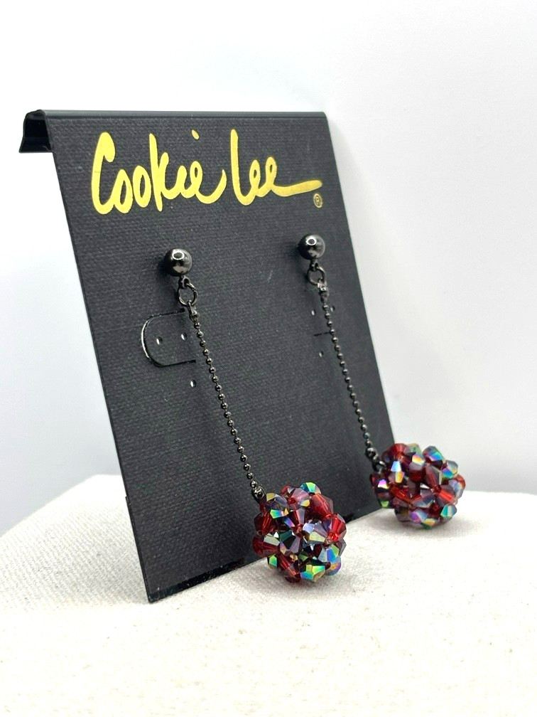 Cookie Lee Red Aurora Borealis Glass Bead Ball Drop Gunmetal Tone Earrings NWT