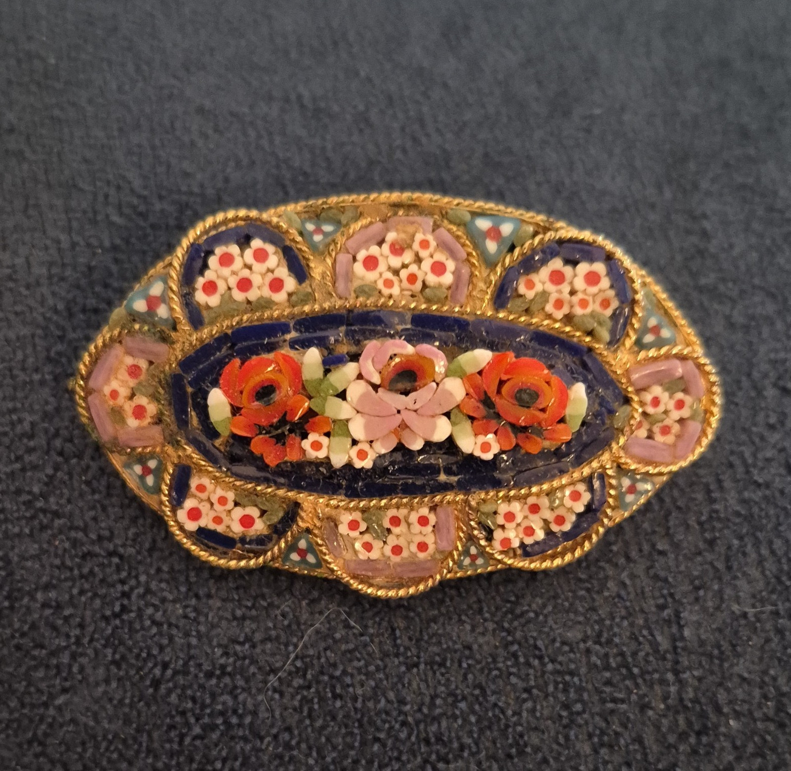 Oval Floral Mosaic Style Brooch Pin, Gold Tone Blue Multicolor