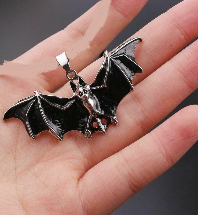 large BLACK BAT HALLOWEEN pendant 20″ 925 Sterling Silver Necklace men women