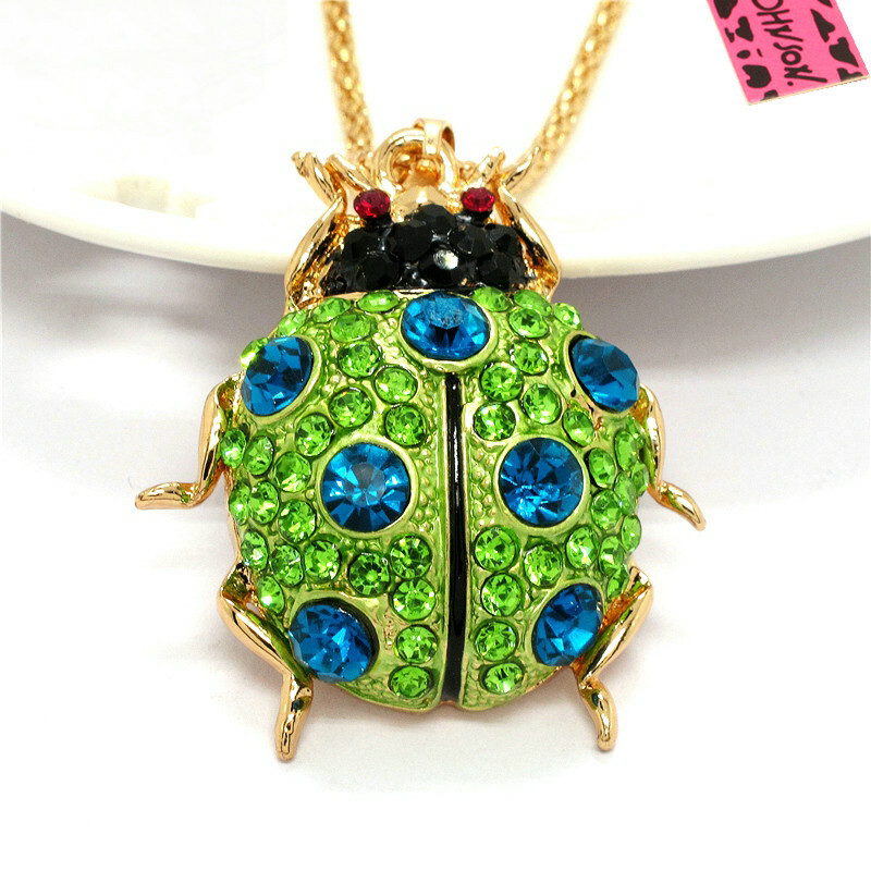 New Fashion Women Green Rhinestone Lovely Ladybug Beetle Pendant Chain Necklace