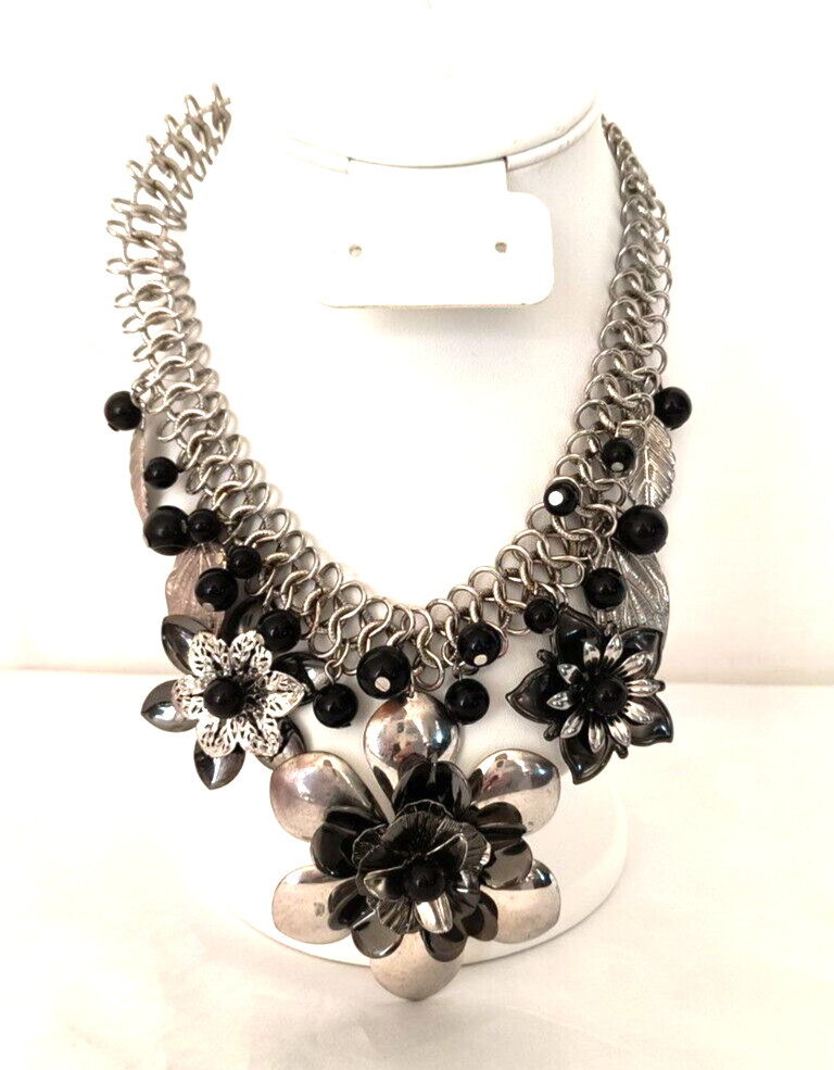 Silver Tone & Black Women’s Statement Necklace Flower Shapes Adjustable Length