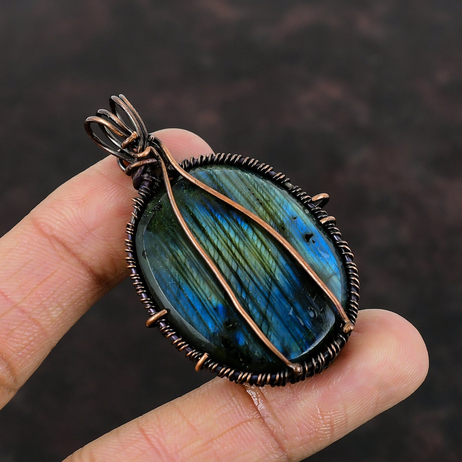 Labradorite Wire Wrapped Pendant Handcrafted Copper Designer Jewelry 2.28″