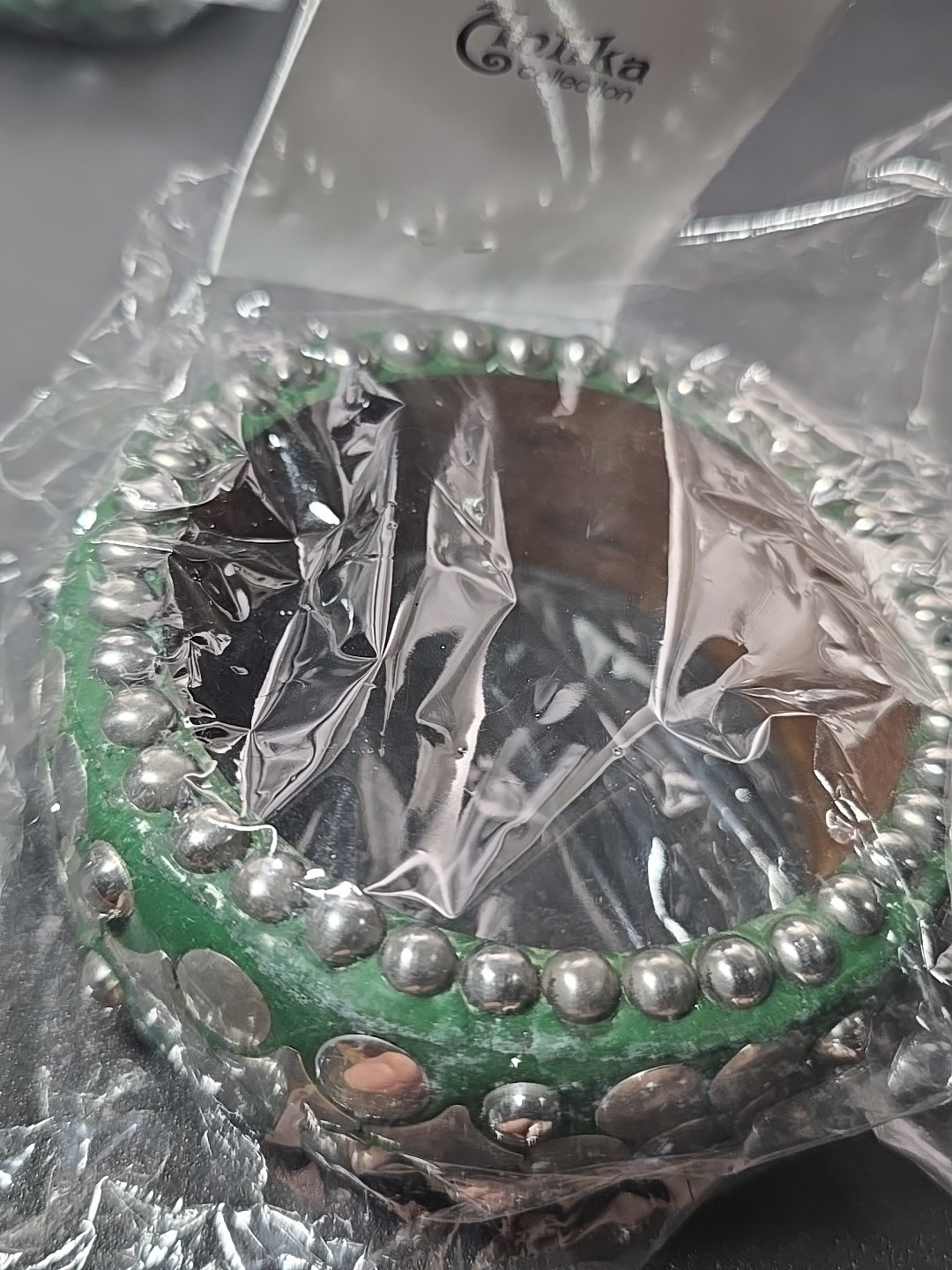 India Chunky Bangle Bracelet Green Silver 2.5″ Diameter Shapes Floral Antika New