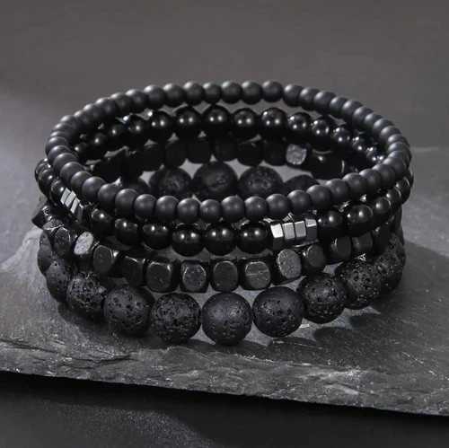 4pcs Black Stone & Wood Bead Elastic Bracelet Set for Men Women NEW