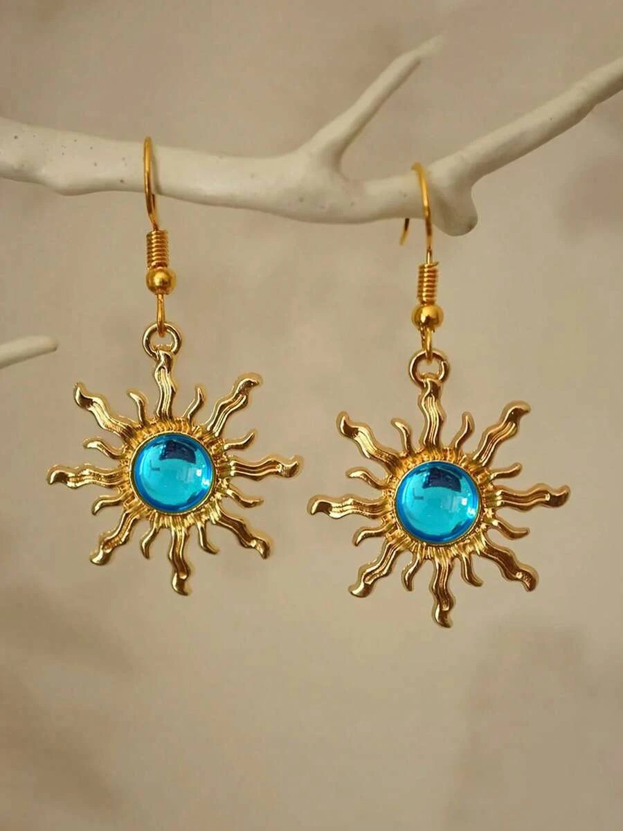 1 pair Boho Sunflower Jade Earrings Gold Plated Baroque Dangle Women