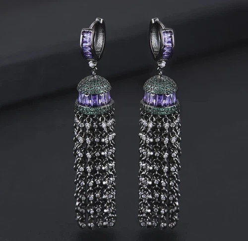 18k Black Rhodium Filled Purple Amethyst Gemstone Long Tassel Earrings Gorgeous