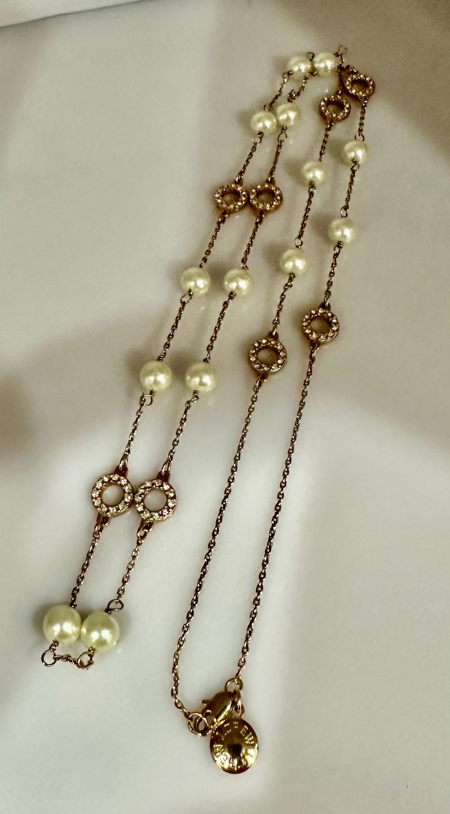 J.Crew signed chain Eternity link faux pearl Necklace rhinestone gold tone 32″L