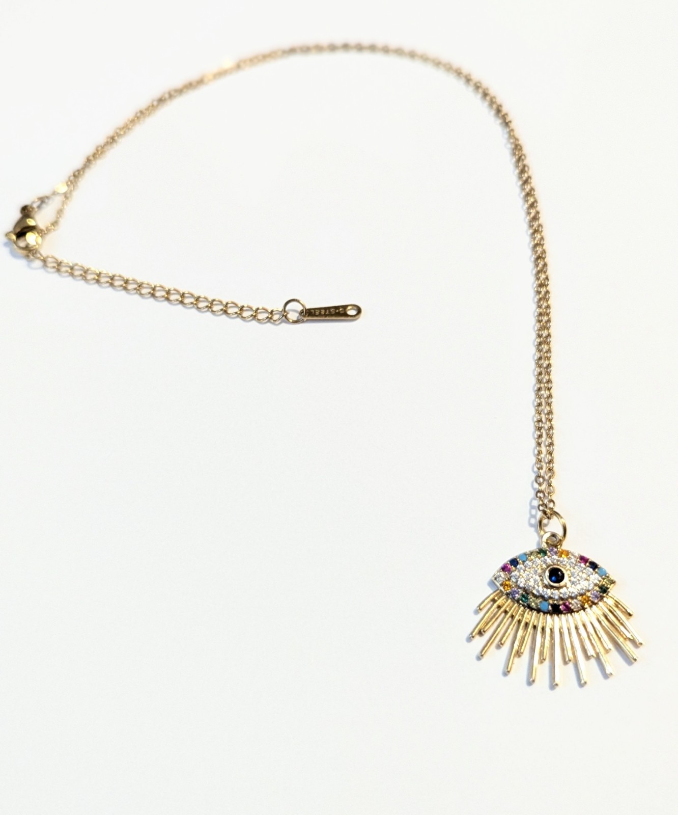 Gold Tone Cable Chain Necklace Multicolor Crystal Rhinestone Evil Eye Charm