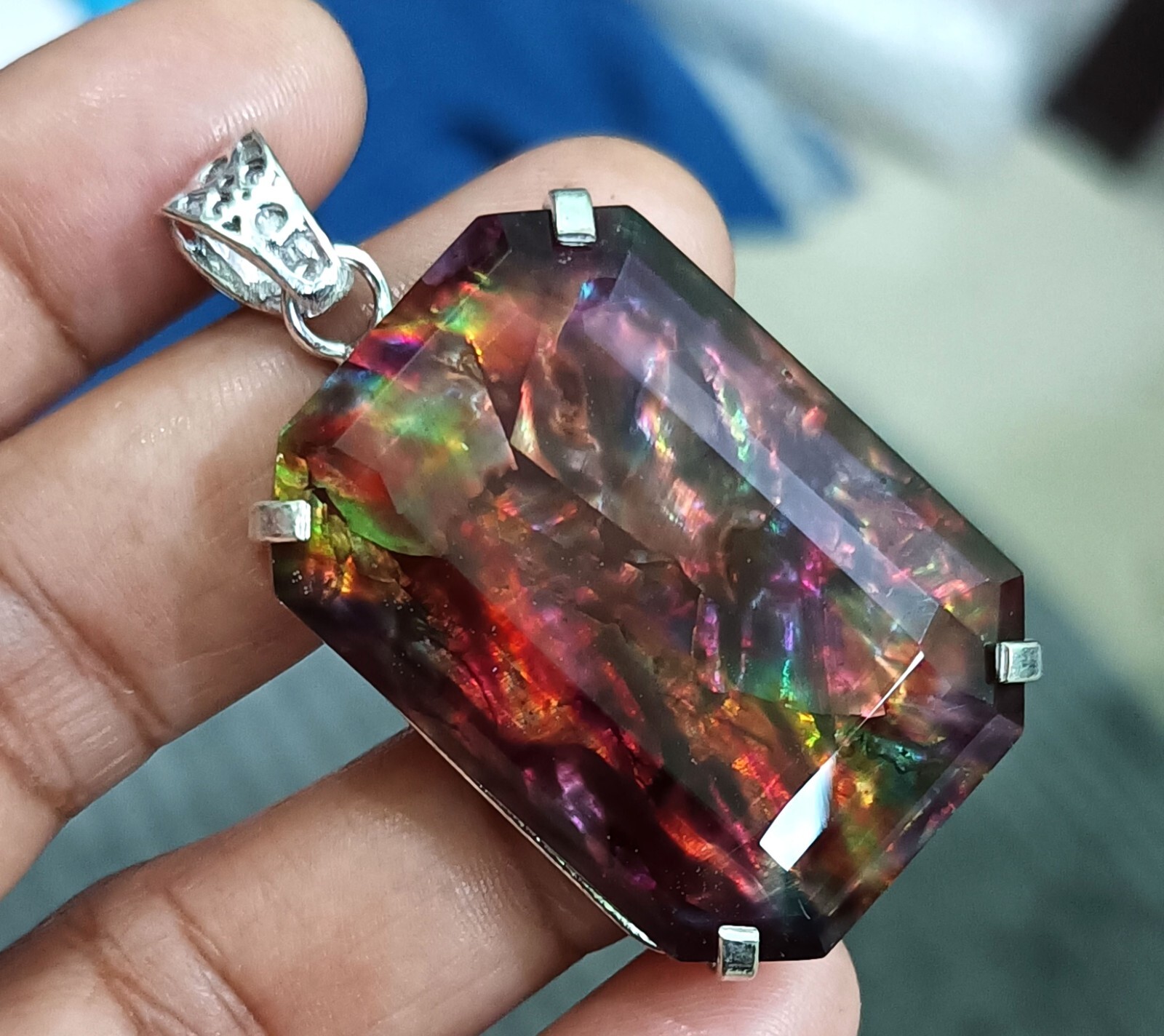 84.75 Ct Natural Ammolite 925 Solid Silver Rainbow PENDANT Certified Gemstone