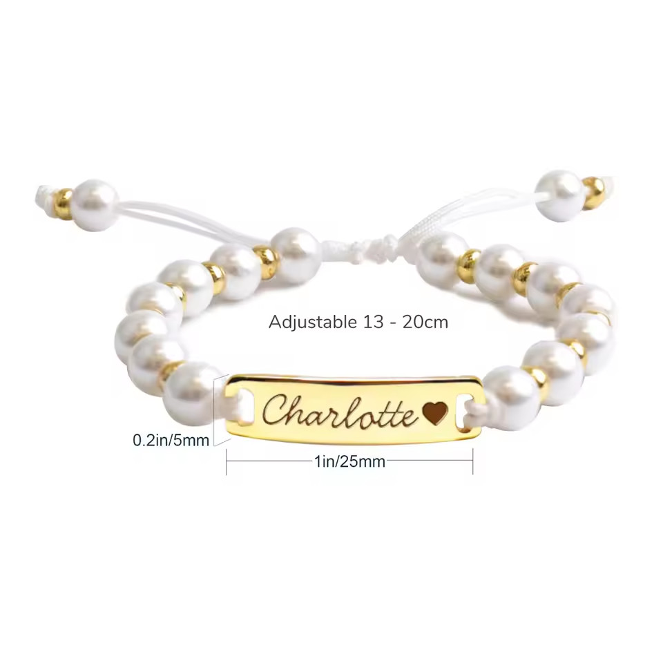 Custom Engraved Name Baby Pearl Bracelet Stainless Steel Jewelry Gold Silver
