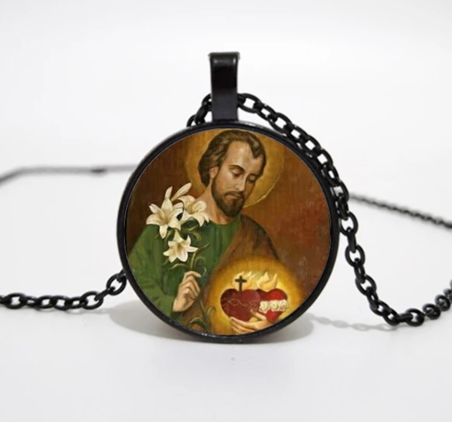 Black Alloy Glass Dome Our Lady of Guadalupe Necklace with 50cm chain + 5 cm ext