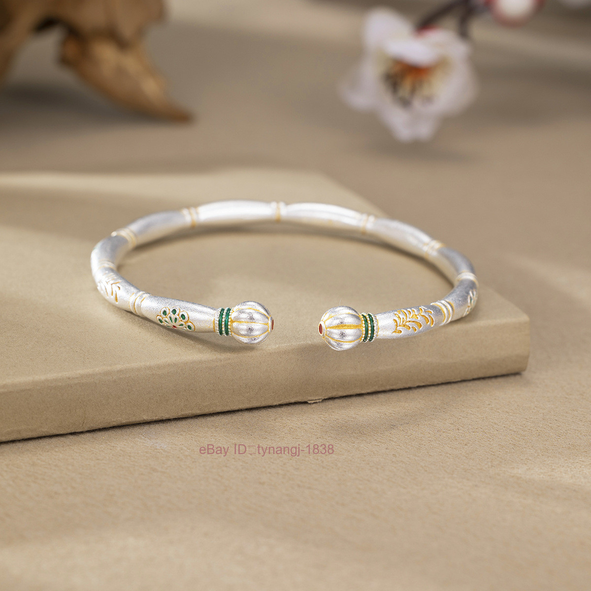 Women Pumpkin Head Bracelet Solid Open Matte Retro Bamboo Joint Silver Bracelet