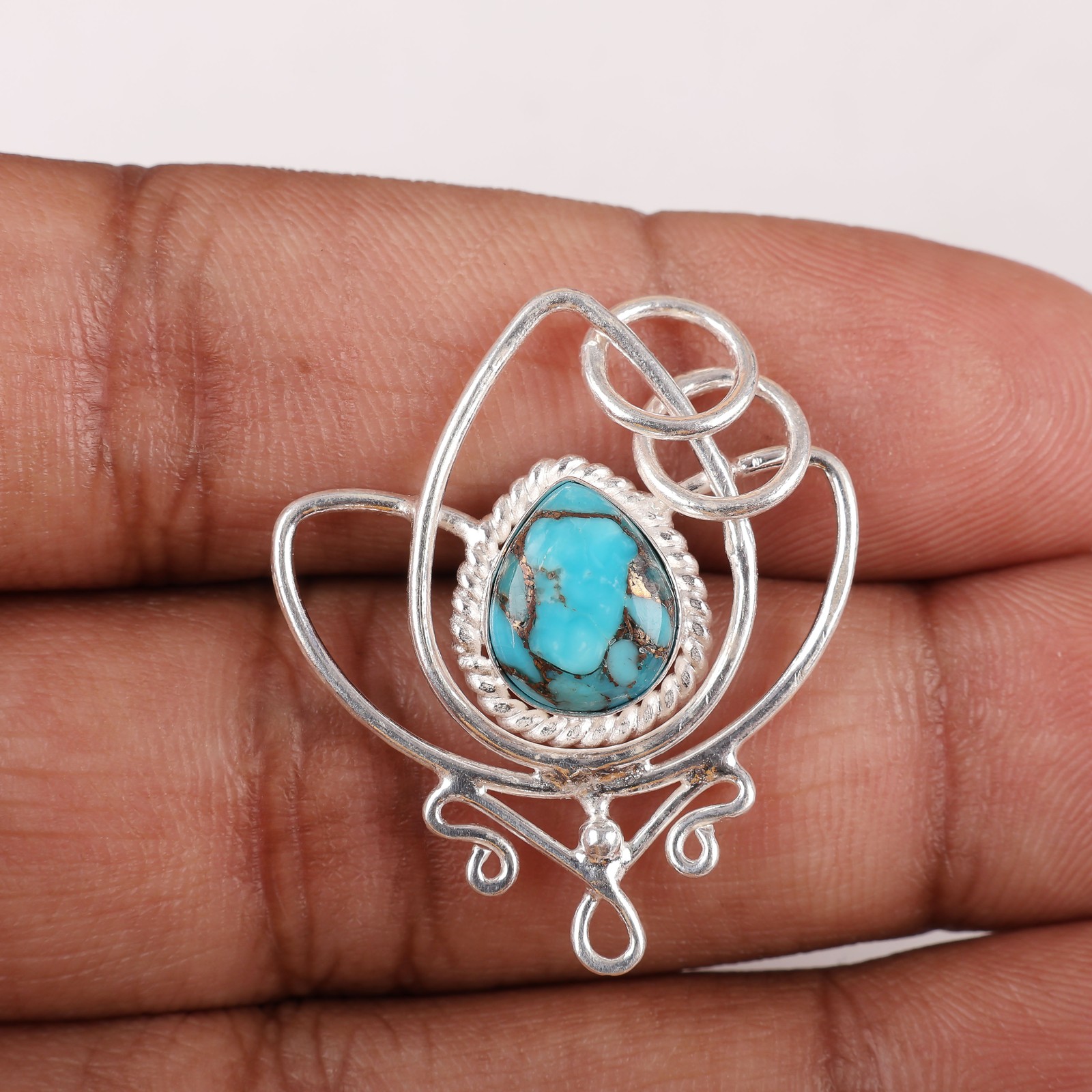 Sterling Silver Blue Copper Turquoise Stone Wife Art Deco Anniversary Pendant