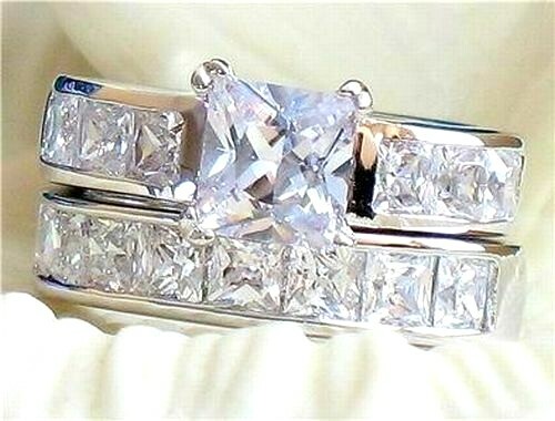 3.75CT Princess CZ AAA Stainless Steel Wedding Engagement Promise 2 Ring Set