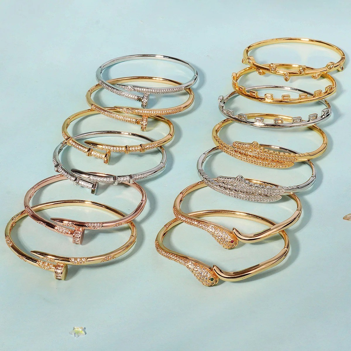 14k Yellow Gold plated Open Nail Bolt Trendy Bracelet AAA quality cubic zirconia