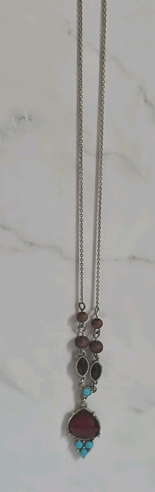 Avon Necklace Vintage Y Drop Red Blue Acrylic Rhinestones Dainty 20″