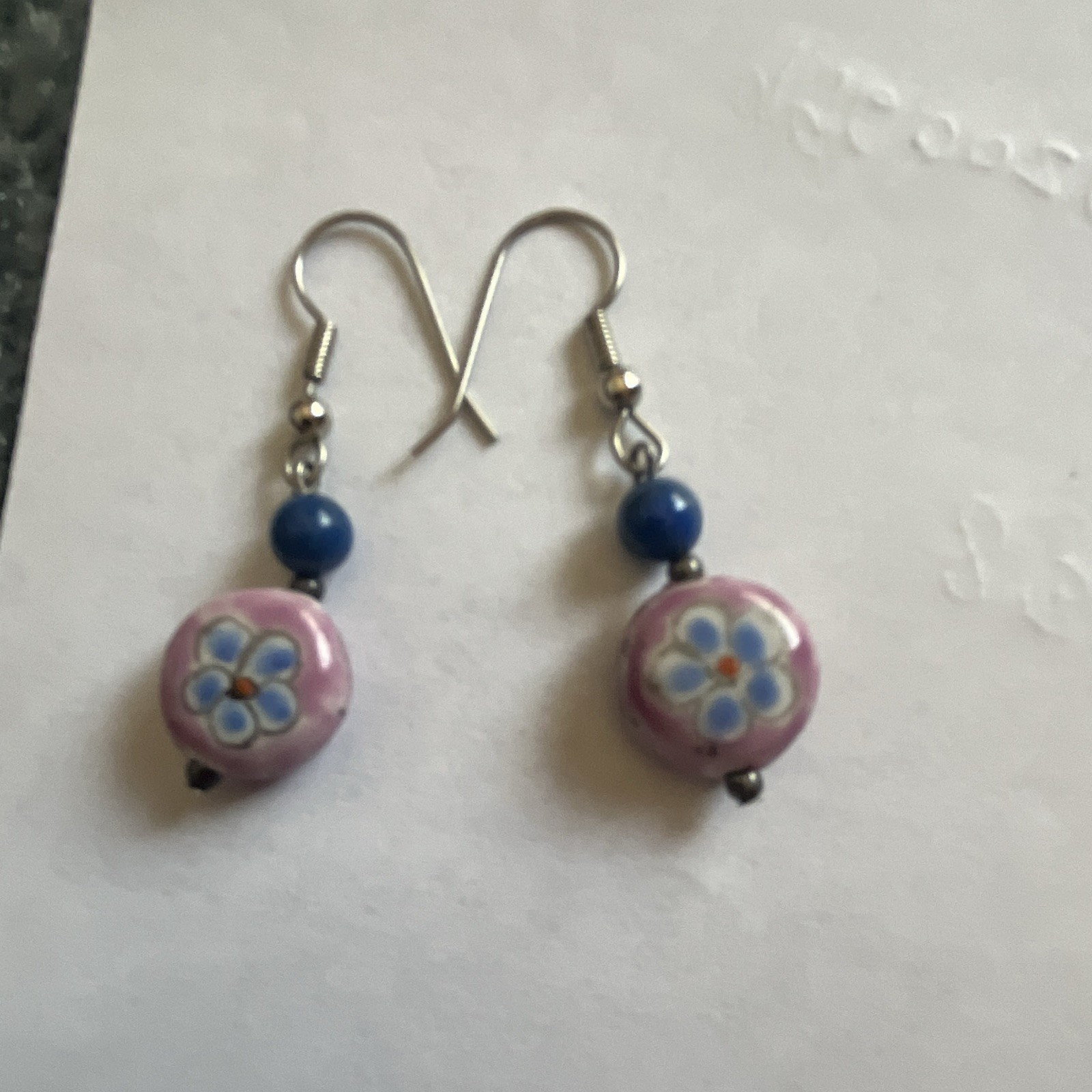 Pink & Blue Floral Round Glass Bead Dangle Drop Hook Earrings Silver Tone