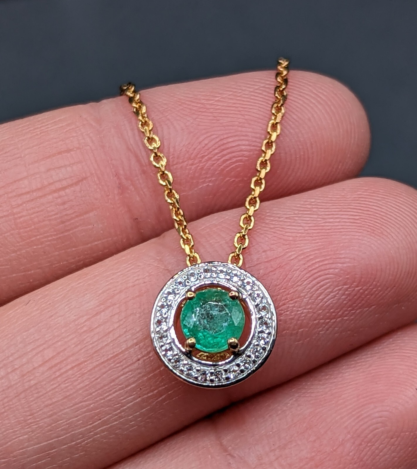Green Emerald Gemstone Halo Gold Plated Sterling Silver Pendant Chain Necklace