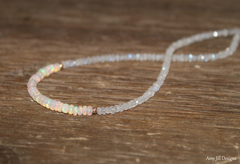 Ethiopian Opal & Moonstone Faceted Rondelle Beads Handmade Women Necklaces 18”