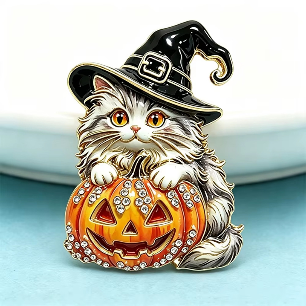 Halloween Witch Cat Orange Pumpkin Brooch Pin Crystal Rhinestone Jewelry Gift