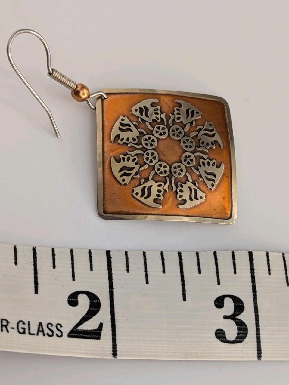Alchemists’ Collection Square Fish Hawaiian Quilt Hook Earrings Copper/Silver