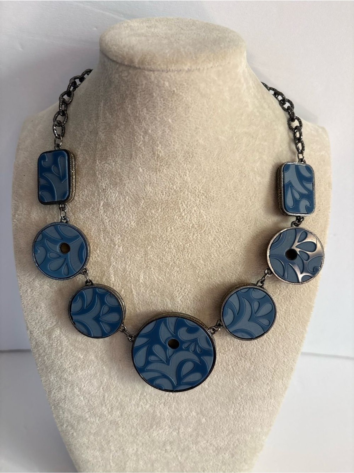 Reversible Statement Necklace Beige Blue Faux Leather Gold Tone Necklace