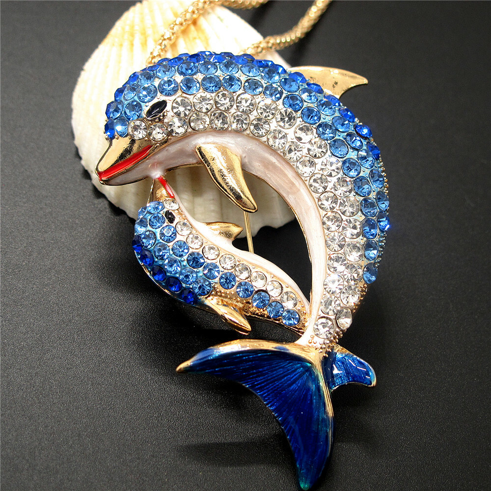 New Blue Rhinestone Bling Dolphin Mother Animal Holiday gifts Chain Necklace