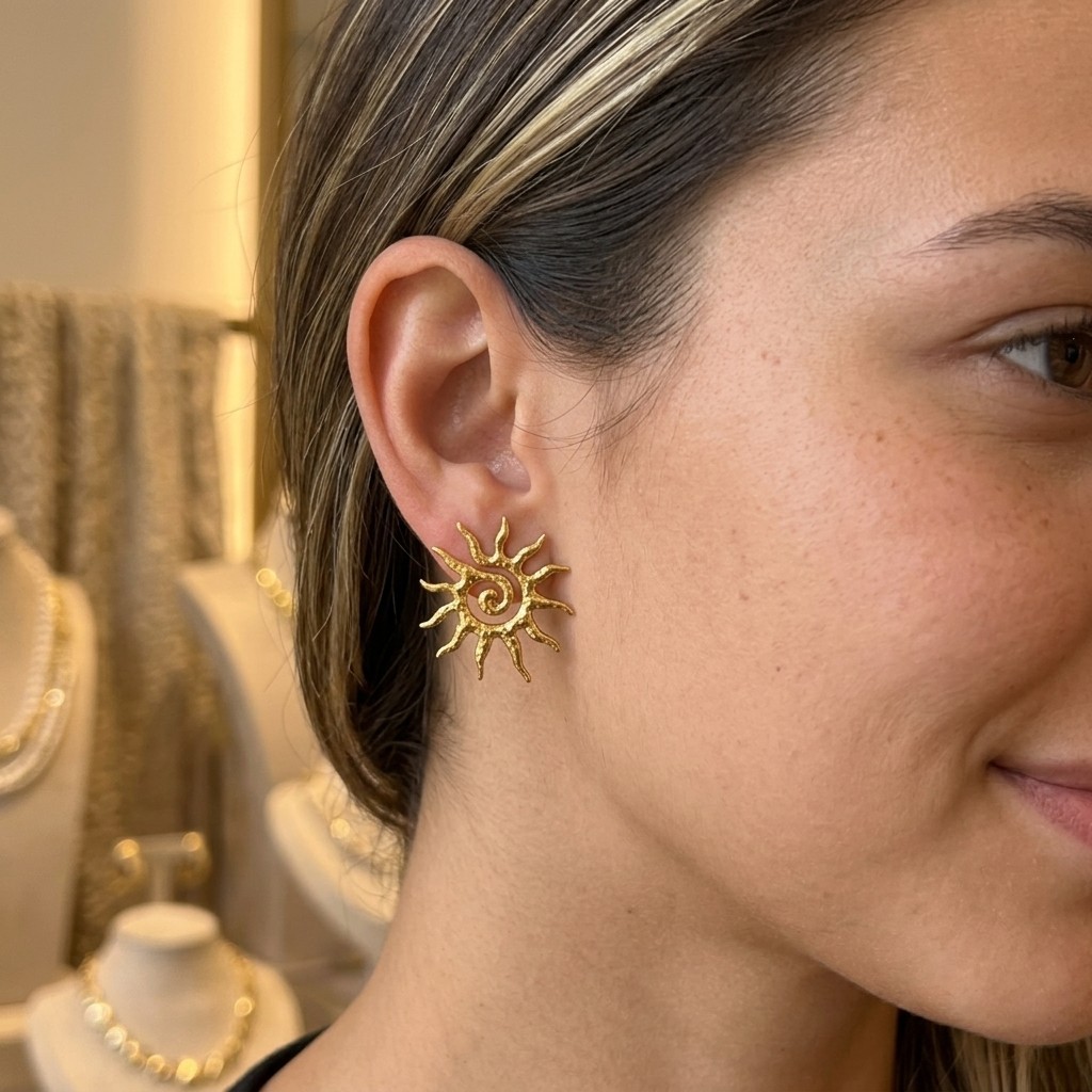 Elegant Gold Tone Sunburst Spiral Stud Earrings Boho Pierced Jewelry