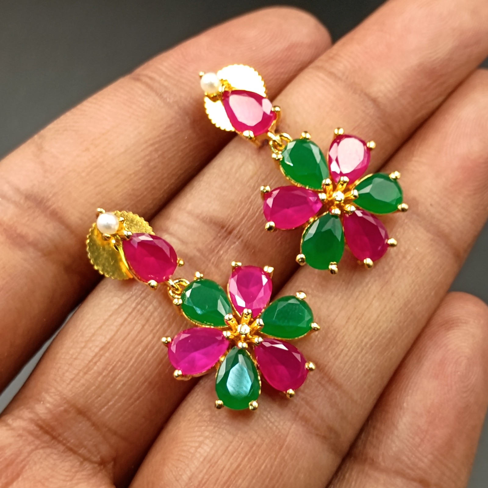 Handcrafted Ruby Emerald Pearl Jewelry Set 22k Gold Plated Ethnic Statement Set