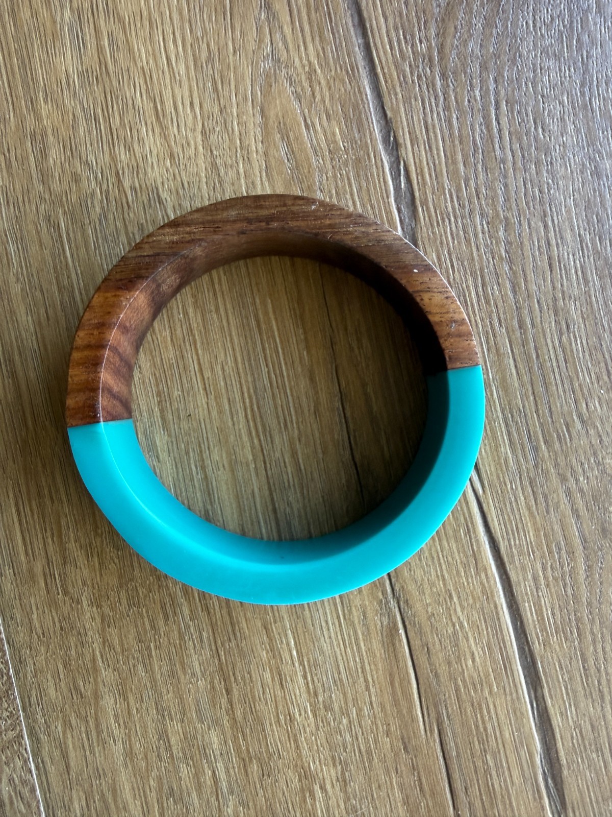 Wood and Teal Resin Bangle Bracelet Very Good Condition