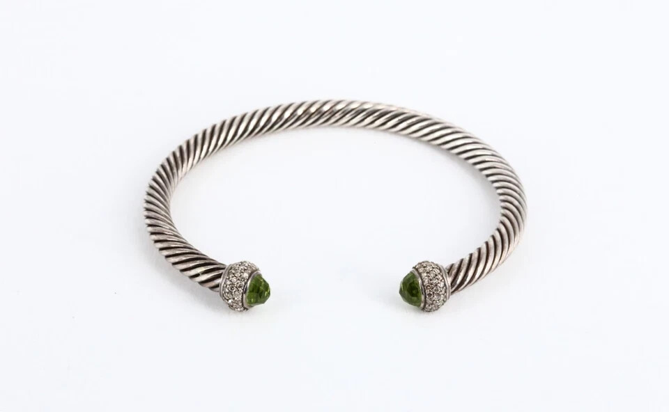 David Yurman Sterling/Diamond Green Peridot 5mm Cable Design Bracelet Cuff 26g